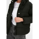 Frm Kadın Moda Şık Regular Kapüşonlu Yaka Standart Düz Astarlı Kapüşonlu Su İtici Şişme Anorak Mont, Siyah, Xs