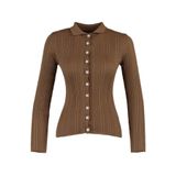 Frm Kadın Moda Şık Regular Polo Yaka Uzun Kol Düz Fitilli Polo Yaka Triko Hırka, Kahverengi, Xs