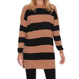 Frm Kadın Moda Şık Tesettür Bisiklet Yaka Düşük Kol Midi Kahverengi Çizgili Triko Kazak, Açık Kahverengi, L/Xl