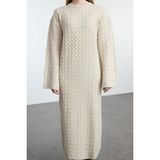 Frm Kadın Moda Şık Tesettür Maxi Boy Bisiklet Yaka Oversize Saç Örgülü Triko Elbise, Bej, Xl
