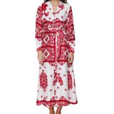 Frm Kadın Moda Şık Tesettür Maxi Boy Gömlek Yaka Regular Dokuma Saten Desenli Gömlek Abiye Elbise, Fuşya, 40