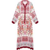 Frm Kadın Moda Şık Tesettür Maxi Boy Hakim Yaka Relaxed Çiçekli Viskon Dokuma Elbise, Bordo, 36