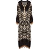 FRM Kadın Moda Şık Tesettür Maxi Boy Hakim Yaka Relaxed Desenli Viskon Dokuma Elbise - Siyah - 40