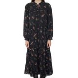 Frm Kadın Moda Şık Tesettür Uzun Dik Yaka Oversize Çıtır Çiçek Desenli Yaka Detaylı Dokuma Elbise, Siyah, 34