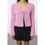 FRM Kadın Moda Şık V Yaka Standart Kol Crop Tüylü Bağlama Detaylı Triko Hırka - Pembe