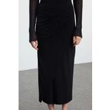 Frm Kadın Moda Stil Maxi Astarsız Örme Büzgü Drape Detaylı Maxi Anvelop Esnek Etek, Siyah, Xl