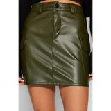 FRM Kadın Moda Stil Mini Astarsız Örme Suni Deri Kargo Cepli Yüksek Bel Vücuda Oturan Mini Örme Etek - Haki
