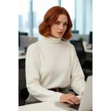 FRM Kadın Oversize Balıkçı Yaka Düşük Kol Triko Kazak Süper Crop Boy Kışlık Rahat ve Şık Tasarım - Ekru