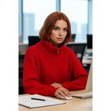 FRM Kadın Oversize Rahat Kesim Crop Fermuarlı Dik Yaka Akrilik Triko Kazak Soğuk Günler Için Ideal - Kırmızı