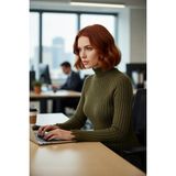 FRM Kadın Şık Fitted Crop Uzun Reglan Kollu Dik Yaka Fitilli Triko Kazak Kış Günleri Için Ideal Model - Haki - S