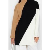 Frm Kadın Tesettür Moda Şık Regular Dik Yaka Uzun Kol Renk Bloklu Dik Yaka Triko Kazak, Bej, 2Xl