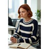 FRM Kadın Uzun Kollu Bisiklet Yaka Çizgili Crop Triko Kazak Casual Tarz Gündelik Kombin Kaliteli - Lacivert