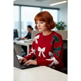 FRM Kadın Yılbaşı Temalı Incili Fiyonk Desenli Bisiklet Yaka Uzun Kol Kalın Regular Fit Akrilik Kazak - Kırmızı - 2XL