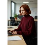 FRM Rahat Kadın Oversize Bordo Balıkçı Yaka Uzun Kollu Fitilli Crop Triko Akrilik Kazak Kaliteli