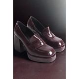 FRM Stil Modern Kadın Platform Kalın Topuklu Loafer Özel Tasarım Gündüz Gece Abiye Ayakkabı - Bordo