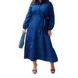 Frm Yeni Rahat Casual Günlük Terrycotton Dokuma Dik Yaka Uzun Kol Basic Maxi Boy Tesettür Elbise, Saks, 36