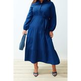 Frm Yeni Rahat Casual Günlük Terrycotton Dokuma Dik Yaka Uzun Kol Basic Maxi Boy Tesettür Elbise, Saks, 44