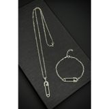 FRNCH 925 Ayar Gümüş Çengelli İğne Model Beyaz Zirkon Taşlı Erkek Bileklik/Kolye Set FRJ12196-3196-A