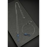 FRNCH 925 Ayar Gümüş Çengelli İğne Model Lacivert Zirkon Taşlı Erkek Bileklik/Kolye Set FRJ12196-3196-L