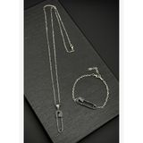 FRNCH 925 Ayar Gümüş Çengelli İğne Model Siyah Zirkon Taşlı Erkek Bileklik/Kolye Set FRJ12196-3196-S2