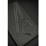 FRNCH 925 Ayar Gümüş Çengelli İğne Model Siyah Zirkon Taşlı Erkek Bileklik/Kolye Set FRJ12196-3196-S