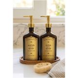 Frolde Ahşap Stantlı 2'li Gold Premium Sıvı Sabunluk Amber Cam 500 ml Vintage