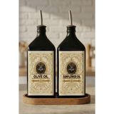 Frolde Home Ahşap Stantlı 2'li Amber 500 ml Yassı Cam Ayçiçek Yağı Zeytinyağı Şişesi Yağdanlık Beige - Kahverengi