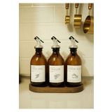Frolde Home Meftune Oval Ahşap Stantlı Amber Zeytinyağı Limon Suyu Sirke Şişesi Yağdanlık 3lü Set 300ml