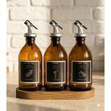 Frolde Home Meftune Oval Ahşap Stantlı Amber Zeytinyağı Limon Suyu Sirke Şişesi Yağdanlık Cam 3lü Set 300ML - Siyah - 300 ml