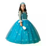 Frozen Elsa Kostümü Kız Çocuk – Mavi Uzun Kollu Disney Prenses Buz Kraliçesi Elbise UKA_001