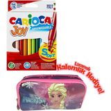 Frozen Lisanslı Kalemlik Hediyeli - Carioca Joy 12 Renk Yıkanabilir Keçeli Kalem Seti - Pembe - 20x15x10 - Tek