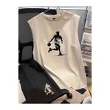 FS CABİN Basketbol Logolu T-Shirt Şort - Bej Alt Üst Takım Şort Tişört Kombin Baskılı Bisiklet Yaka