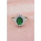 FSM ALYANS 925 Ayar Gümüş Zümrüt Yeşili Oval Zircon Taşlı Tektaş Yüzük