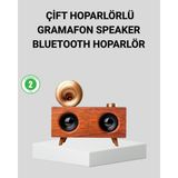 Fta Ticaret Retro Gramafon Bluetooth Hoparlör Çift Stereo Sesli Fm Radyo Destekli - Ahşap