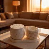 Ftrk Store Vanilya Kokulu Kapaklı Desenli Büyük Mum & Örgü Dokulu Modern Mum Seti – Oval Tepsi Dahil - Beyaz - 3 Adet