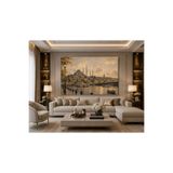 FTRMALZEMECİM İstanbul Şehir Manzarası Kanvas Tablo Boğaz ve Tarihi Siluet Temalı Bej Gold Tonlu Dekoratif Salon Ofis Çalışma Odası Duvar Tablosu A