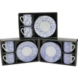 Ftt Mavi - Beyaz 4pcs=2-takım Porselen Kahve Fincanı Çiçek - Çizgi - Nokta Mix Desen