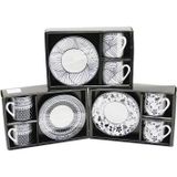 Ftt Siyah - Beyaz 4pcs=2-takım Porselen Kahve Fincanı Çiçek - Çizgi - Nokta Mix Desen