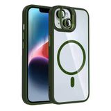 Fuchsia İphone 14 İle Uyumlu Remim Koyu Yeşil Lensli Kablosuz Şarj Özellikli Standlı Kapak