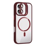 Fuchsia İphone 16 İle Uyumlu Remim Lensli Bordo Kablosuz Şarj Özellikli Standlı Kapak