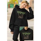 Fuddy Moda Baby Yoda Kaligrafik Baskılı Kapüşonlu Sweatshirt - 09S-Siyah - 4XL