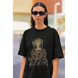 Fuddy Moda Groot Baskılı Tshirt, Unisex Marvel Groot Baskılı Tişört - 02S-Siyah - 2XL