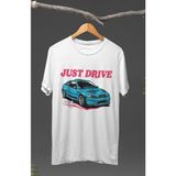 Fuddy Moda Just Drive Bmw E46 Baskılı T-Shirt, Araba Yarış Temalı Baskılı Tişört - Beyaz