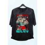 Fuddy Moda Oversize Baki Hanma Baskılı Yıkamalı T-Shirt, Unisex Anime Baskılı Retro Tişört - 4XL - Siyah
