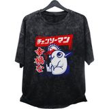 Fuddy Moda Oversize Chainsaw-Man Pochita Baskılı Yıkamalı T-Shirt, Unisex Anime Baskılı Vintage Tişört - XL - Siyah
