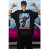 Fuddy Moda Oversize Deadpool V2 Sırt Baskılı T-Shirt, Unisex Marvel Comics Baskılı Tişört - XL - Siyah