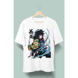 Fuddy Moda Oversize Demon Slayer Giyu Tomioka Baskılı T-Shirt, Unisex Anime Baskılı Tişört - Beyaz
