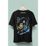 Fuddy Moda Oversize Demon Slayer Giyu Tomioka Baskılı T-Shirt, Unisex Anime Baskılı Tişört - Siyah - 4XL