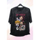 Fuddy Moda Oversize Demon Slayer Karakterleri Baskılı Yıkamalı T-Shirt, Unisex Anime Baskılı Vintage Tişört - XS - Siyah