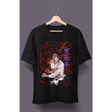 Fuddy Moda Oversize Demon Slayer Kokushibo Karakteri Tişört, Unisex Anime Baskılı T-Shirt - Siyah - 2XL